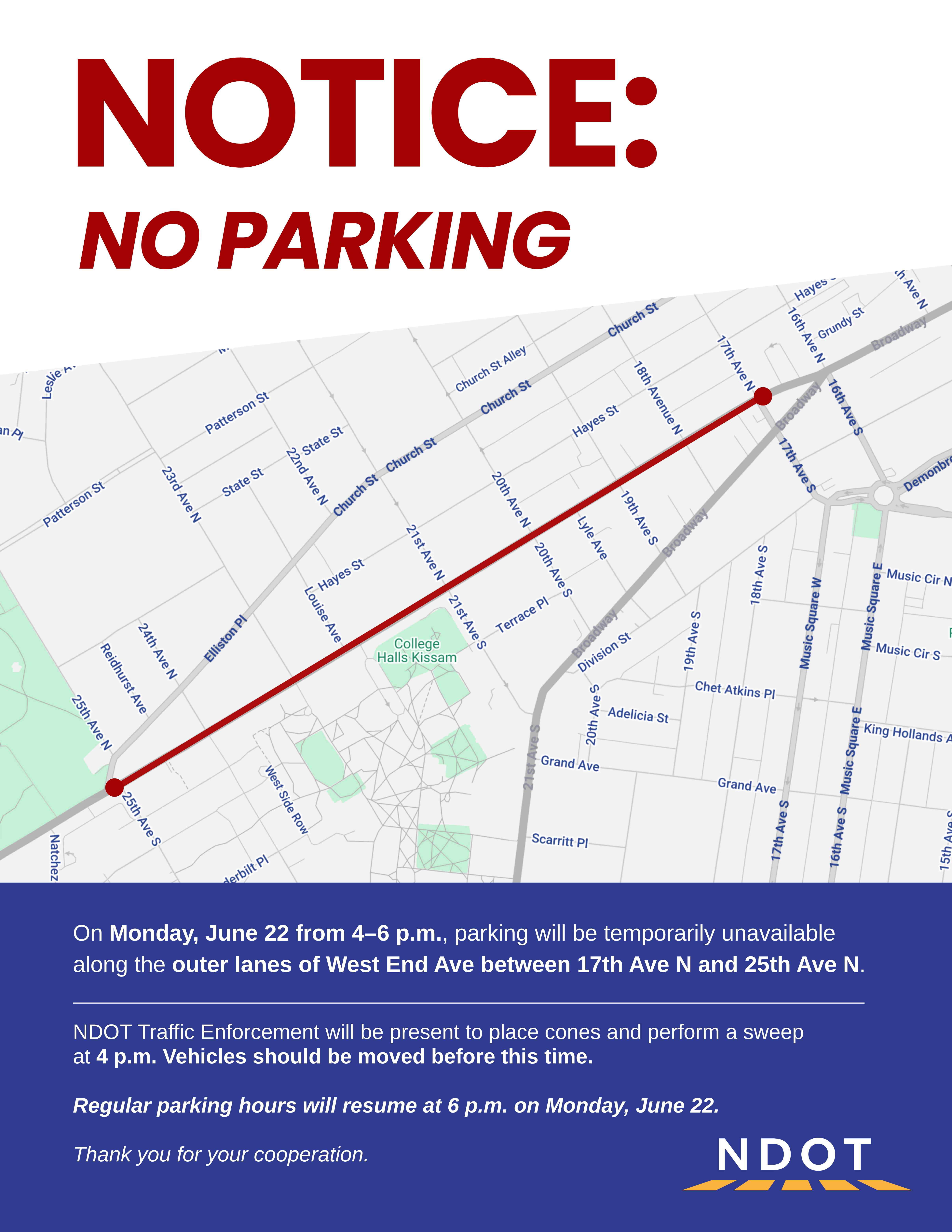 NDOT parking notice for West End Avenue on June 22, 2026